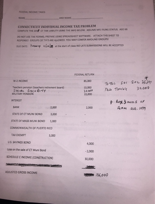FEDERAL INCOME TAXES AND NAME NAME CONNECTICUT INDIVIDUAL INCOME TAX PROBLEM COMPUTE THE 2018 CT TAX LIABILITY USING THE INFO