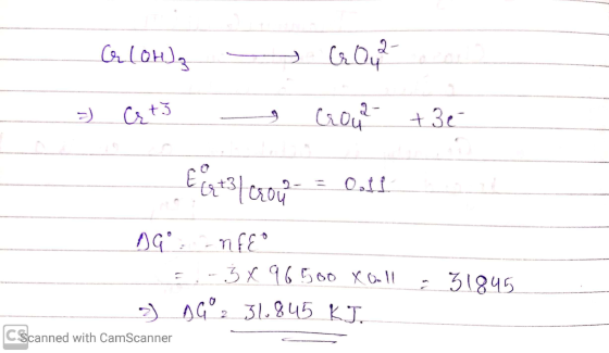 2- Cr(OH)₂ GO -) Cat3 Crowa 2- +3 e Eest3/crou 011 DG -nfeo - 3 X 96 500 xall DGº2_31.845 KJ. CScanned with CamScanner 31845