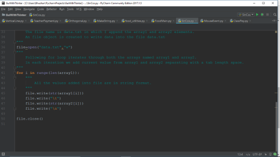 PC GuiWithTkinter [CUsers Bhushan\PycharmProjectsl GuiWithTkinter]-.SinCos,py - PyCharm Community Edition 2017.1.5 Eile Edit