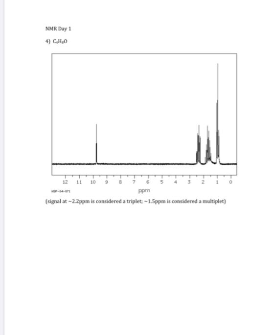 NMR Day 1 4) C,H,0 HOP-04-01 12 11 10 9 ppm (signal at -2.2ppm is considered a triplet; -1.5ppm is considered a multiplet)