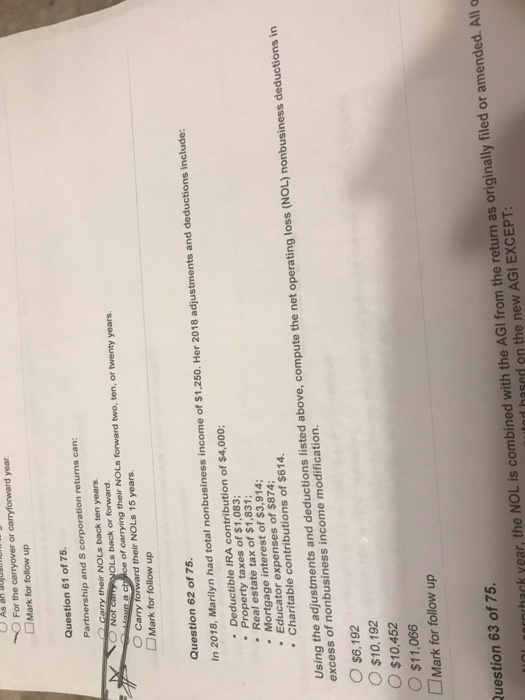 As an du For the carryover or carryforward year Mark for follow up Question 61 of 75. Partnership and S corporation returns c