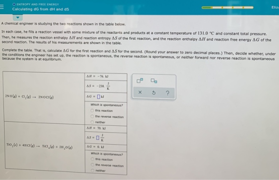 - O ENTROPY AND FREE ENERGY Calculating dg from dH and ds A chemical engineer is studying the two reactions shown in the tabl