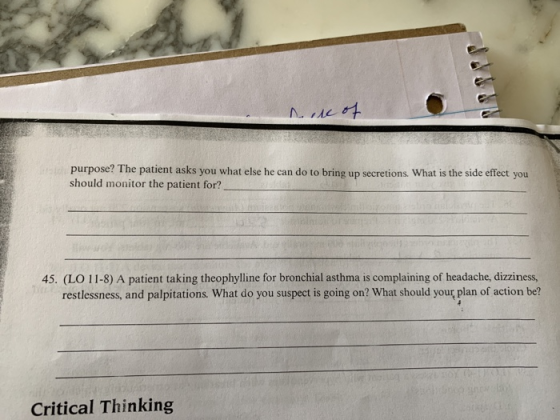 nure of purpose? The patient asks you what else he can do to bring up secretions. What is the side effect you should monitor