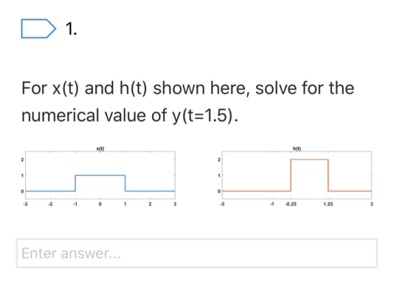 D1. For x(t) and h(t) shown here, solve for the numerical value of y(t=1.5). ht) -1 -0.25 1.25 Enter answer...