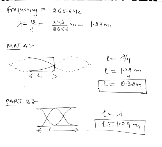 frequency = 265.6Hz 343 ma 1-29 m. 265:6 PARTA:- {= 4/4 ---- - El-3 la 129 m Th= 0.32m ] PART Bi- X lat I L=129 m Menten