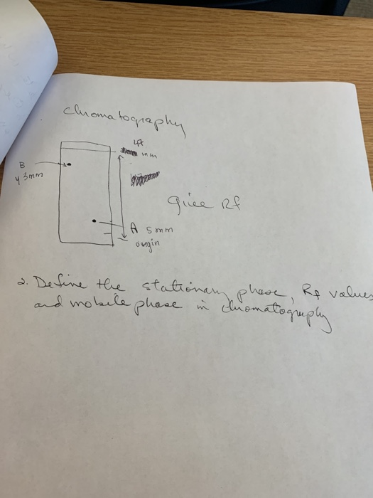 chromatograph tem у 5mm quee Rf A 5mm orgin 2. Define the stationam phase Rf values and mobile phase in anomation