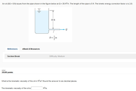 An oil (SG = 0.9) Issues from the pipe shown in the figure below at Q = 35 ft/h. The length of the pipe is 5 ft. The kinetic