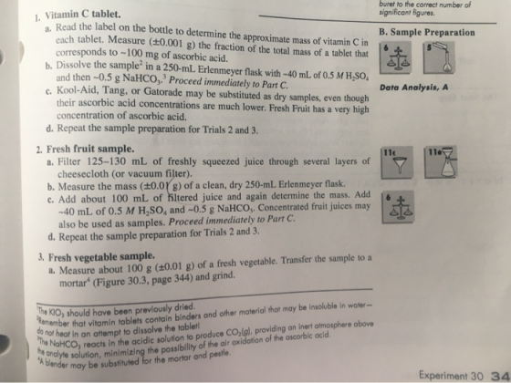 buret to the correct number of significant figures. B. Sample Preparation Data Analysis, A 1. Vitamin C tablet. 2. Read the l