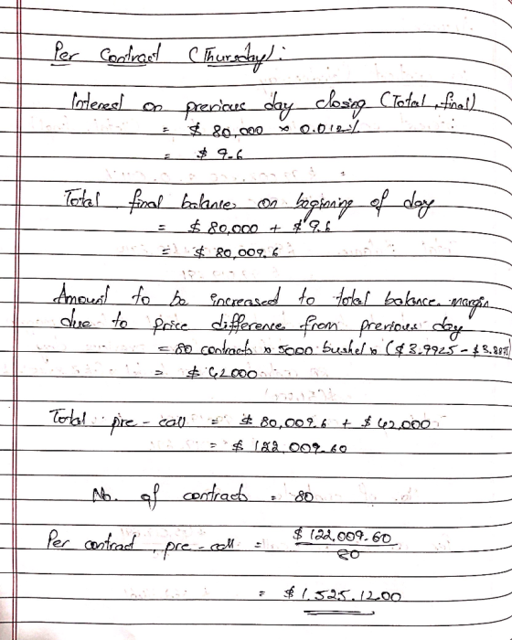 Per contract Thursday) : Interest - on - - precious day closing (Total final) $ 80.000*0.0124 $ 96__ Total final balance on b