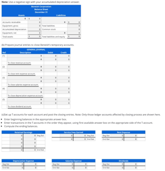 Note: Use a negative sign with your accumulated depreciation answer. Beneish Corporation Balance Sheet December 31 Assets Lia