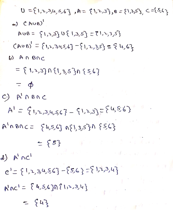 0 = {1,,34,5,6 , म = १\,23}, 8 = 8\,3,S, C 3{5(} ) cAo৪) A७৪ = १1,,3 0{1,3,5) - १,, 3, 53 (Au৪) = {\,,3५5] -१1,2,33} = १ ५,८