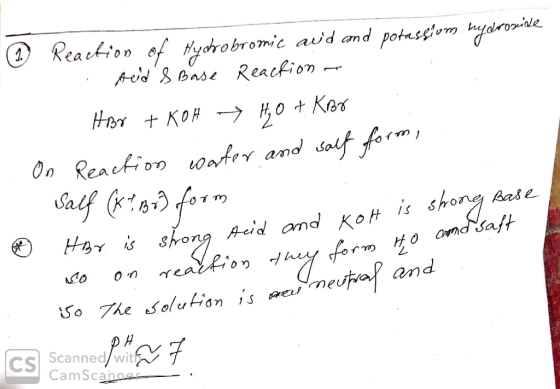 Reaction of Hydrobromic avid and potassium hydroxide 1 . teid s Base Reaction of HBr + KOH → H₂O + KBv On Reaction water and