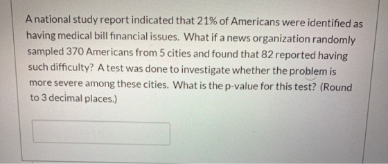 A national study report indicated that 21% of Americans were identified as having medical bill financial issues. What if a ne