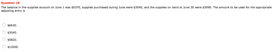Question 18 The balance in the supplies account on June 1 was $5370, supplies purchased during June were $3540, and the suppl