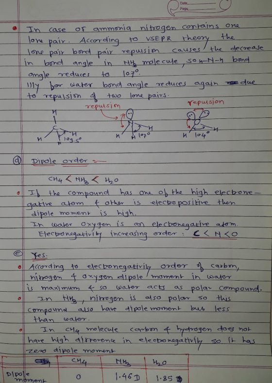 Date Page of ammonia nitsogen contains on the In Case love pair Accoreing to VSEPR lone pair bord pair repuisim in bnd angle