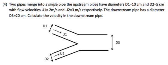 (4) Two pipes merge into a single pipe the upstream pipes have diameters D1-10 cm and D2-5 cm with flow velocities U1- 2m/s and U2-3 m/s respectively. The downstream pipe has a diameter D3-20 cm. Calculate the velocity in the downstream pipe. D1 U1 D3 U2 D2