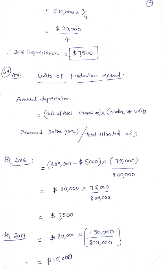 2$10,000 30,000 ム3 Unit (Cost of Asset-Scraevalue)X (Noebel 0 Total stimcted un 2o16 キ 80,000 X 75,000 7500 $00, 000