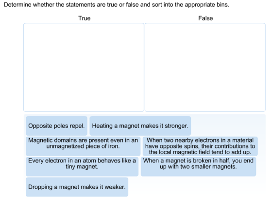 Determine whether the statements are true or false and sort into the appropriate bins. True False Opposite poles repel. Heating a magnet makes it stronger When two nearby electrons in a material have opposite spins, their contributions to the local magnetic field tend to add up. When a magnet is broken in half, you end up with two smaller magnets. Magnetic domains are present even in an unmagnetized piece of iron. Every electron in an atom behaves like a tiny magnet. Dropping a magnet makes it weaker.