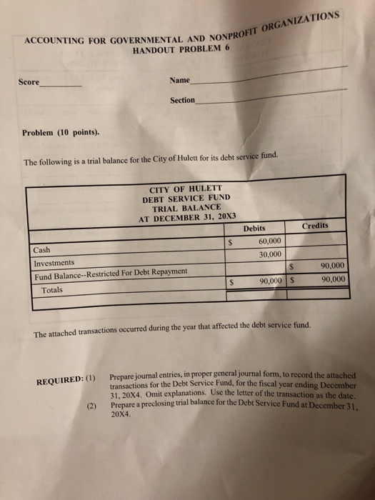 ACCOUNTING FOR GOVERNMENTAL AND NONPRO HANDE HANDOUT PROBLEM 6 Score- Name Section Problem (10 points). The following is a trial balance for the City of Hulett for its debt service fund CITY OF HULETT DEBT SERVICE FUND TRIAL BALANCE AT DECEMBER 31, 20x3 Debits Credits 60,000 Cash Investments Fund Balance-Restricted For Debt Repayment 30,000 90,000 Totals 90,000 90,000 The attached transactions occurred during the year that affected the debt service fund. Prepare journal entries, in proper general journa transactions for the Debt Service Fund, for the fiscal year ending December REQUIRED: (1) I form, to record the attached 31,20X4. Omit explanations. Use the letter of the transaction as the date. preclosing trial balance for the Debt Service Fund at December 31, (2) Prepare a 20x4