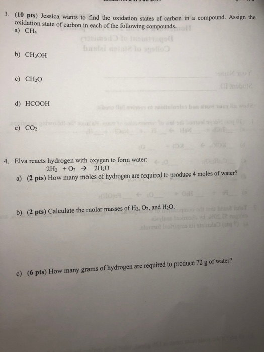 3. (10 pts) Jessica wants to find the oxidation states of carbon in a compound. Assign the oxidation state of carbon in each