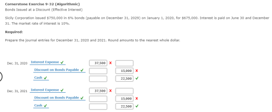 Cornerstone Exercise 9-32 (Algorithmic) Bonds Issued at a Discount (Effective Interest) Sicily Corporation issued $750,000 in
