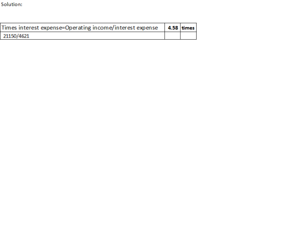 Solution: Times interest expense Operating in come/interest expense | 4.58 times 21150/4621