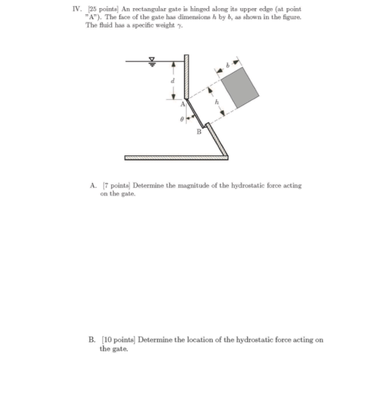 IV. 25 points] An rectangular gate is hinged along its upper edge (at point A). The face of the gate has dimensions h by b,