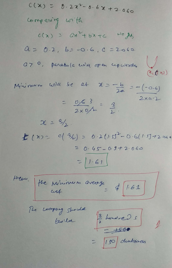 we get, U at X=-6--|-0-6) 2a 2xo 2 The company should C(x) = 8. 2x² - 0.62 +2.060 comp aring with cca) = ax + bx tc a= 0.2 b
