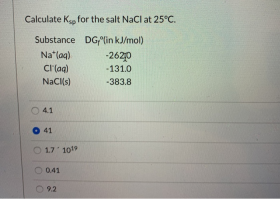 Calculate Ksp for the salt NaCl at 25°C. Substance Na+(aq) Cl(aq) NaCl(s) DGfº(in kJ/mol) -2620 -131.0 -383.8 4.1 O 41 O 1.7
