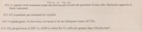 TRUE or FALSE likely indicated. 63) All in-patients get screened for syphilis. 64) Uropathogenic Escherichia coli tends to be
