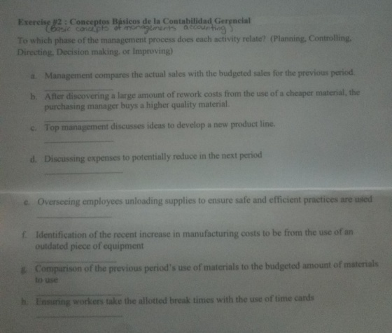 Exercise #2: Conceptos Básicos de la Contabilidad Gerencial (Basic concepts of management accounting To which phase of the ma