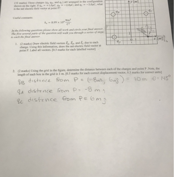 (10 marks) Three charges (aA a, and qc) are arranged in the configuration shown on the right. If8a m +1.0μ0, qs ー2.0ud. and qc--3.0pC, what is the net electric field vector at point P? ds Useful constants: Nm2 ke-8.99 × 10で一 hn the following questions please show all work and circle your final answer The first several parts of the question will walk you through a series of stepsH1 to each the final answer 1. (2 marks) Draw electric field vectors Ea, Eg, and Ec due to each point P. Label all vectors. [0.5 marks for each labelled vector) 9A charge. Using this information, draw the net electric field vector at 2. (2 marks) Using the grid in the figure, determine the distance between each of the charges and point P.Note, the length of each box in the grid is 1 m. [0.5 marks for eac h correct displacement vector, 0.5 marks for correct units] ls distince ro le distence from P- om