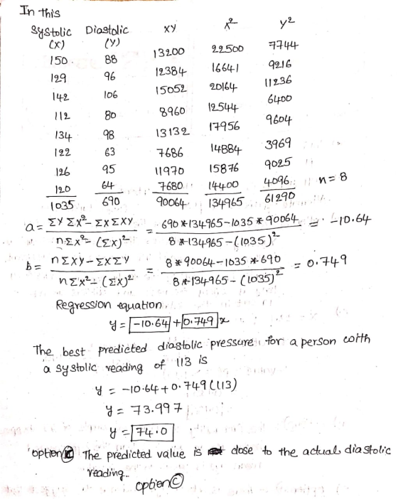 In this 11236 .. Systolic Diastolic xÝ Ve ye (X) . (Y) 13200 29500 7744 150 129 9216 12384 96 16641 142 106 15052 20164 6400