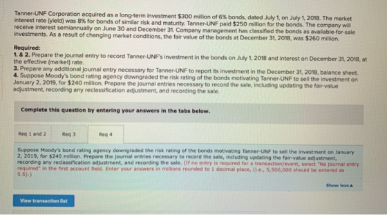 Tanner-UNF Corporation acquired as a long-term investment $300 million of 6% bonds, dated July 1, on July 1, 2018. The market