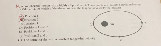N A comet orbits the sun with a highly elliptical orbit. Three points are indicated on the trajectory of the orbit. At which