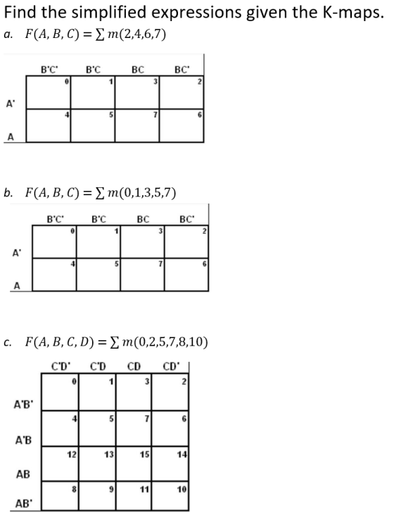 Find the simplified expressions given the K-maps a. F(A, B, C)-Σ m(2,4,6,7) В.С. вC BC BC b, F(A, B, C)-Σ m(0,1,3,5,7) BC BC BC BC F(A, B, C, D-yn(0,2,5,7,8,10) A B A B 12 13 15 14 AB 10 AB