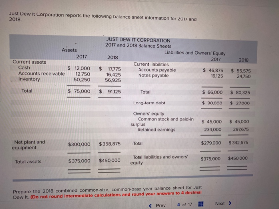 Just Dew It Corporation reports the following balance sheet information for 2017 and 2018. JUST DEW IT CORPORATION 2017 and 2