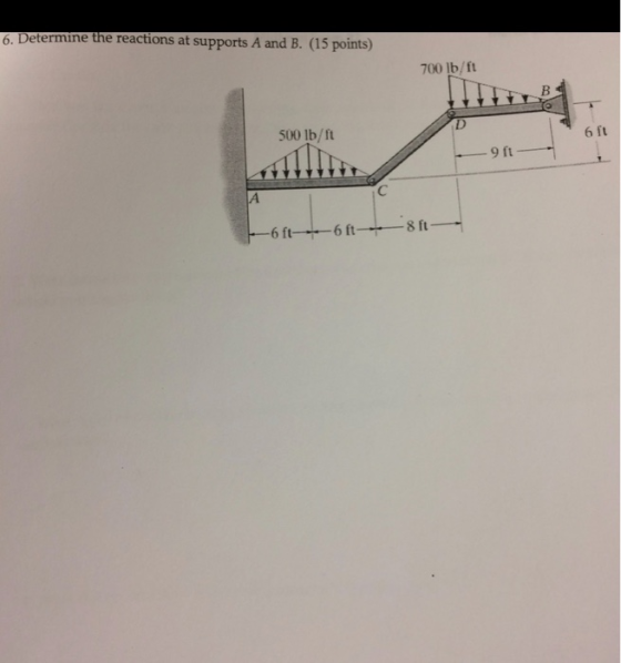 6. Determine the reactions at supports A and B. (15 points) 700 lb/ft 500 lb/ft oft-6ft 8 ft-