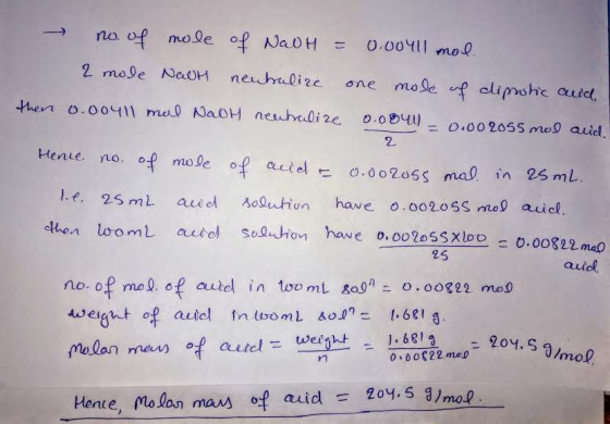 → no. of mole of NaOH = 0.00411 mol 2 mole NaOH neutralize one mole of clipestic and 0.00411 mail NalH neutralize 0.00u = 0.0