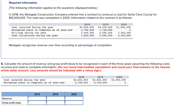 Required information [The following information applies to the questions displayed below.] In 2018, the Westgate Construction