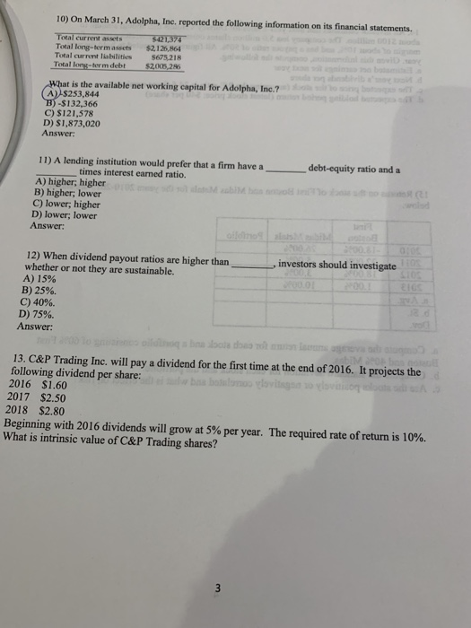 10) On March 31, Adolpha, Inc. reported the following information on its financial statements. Total current assets Total lon