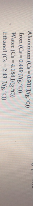 Aluminum (Cs = 0.901 J/(g.°C)) Iron (Cs = 0.449 J/(g.°C)) Water (Cs = 4.184 J/(g.°C)) Ethanol (Cs = 2.43 J/(g.°C))