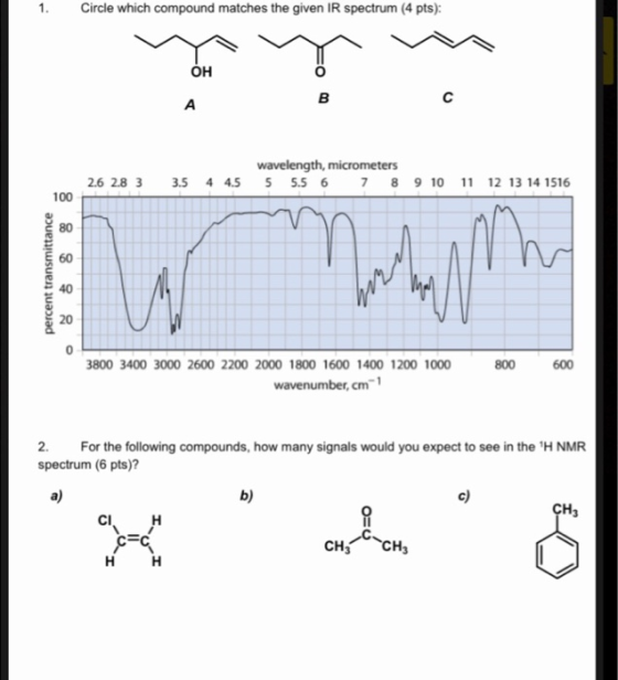 Circle which compound matches the given IR spectrum (4 pts): OH =O 2.6 2.8 3 3.5 4 4.5 wavelength, micrometers 5 5.5 6 7 8 9