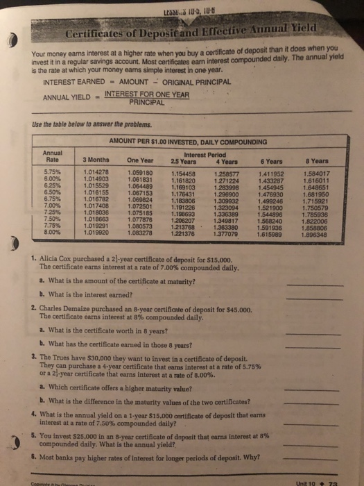 LESSES 10-6, 108 Certificates of Deposit and Effective Annual Yield Your money earns interest at a higher rate when you buy a