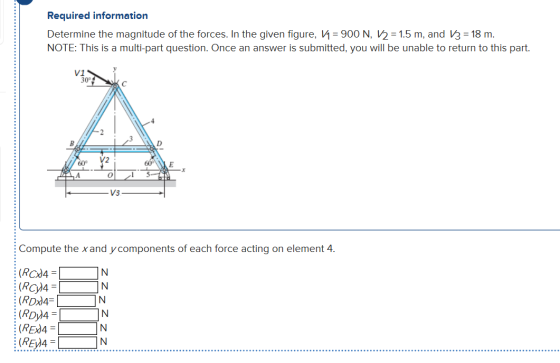 Required information Determine the magnitude of the forces. In the given figure, n = 900 N, 12 = 1.5 m, and 13 = 18 m. NOTE: