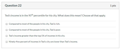 Question 22 1 pts Teds income is in the 95th percentile for his city. What does this mean? Choose all that apply. Compared t