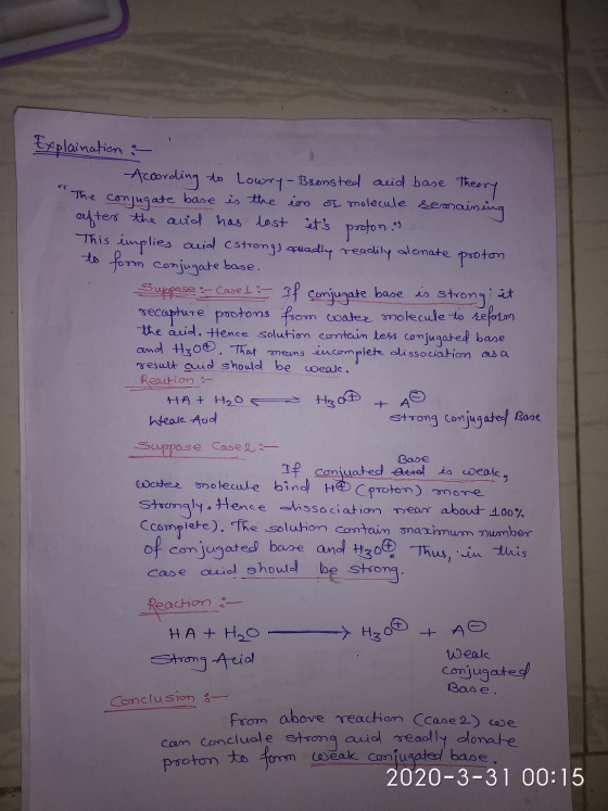 Explaination :- According to Lowry - Bronsted aid base theory The conjugate base is the ion of molecule semaining efter the a