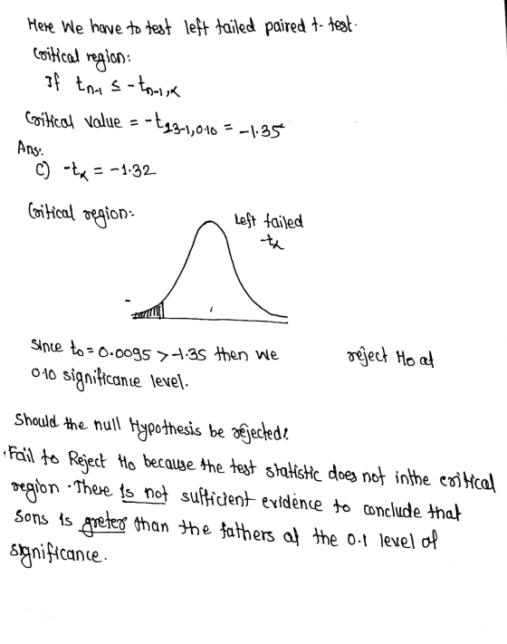 Here we have to test left tailed paired t-test Coitical region: If tnas-to-isk Coitical value = -493-1,010 = -1.35€ Ans: C) -
