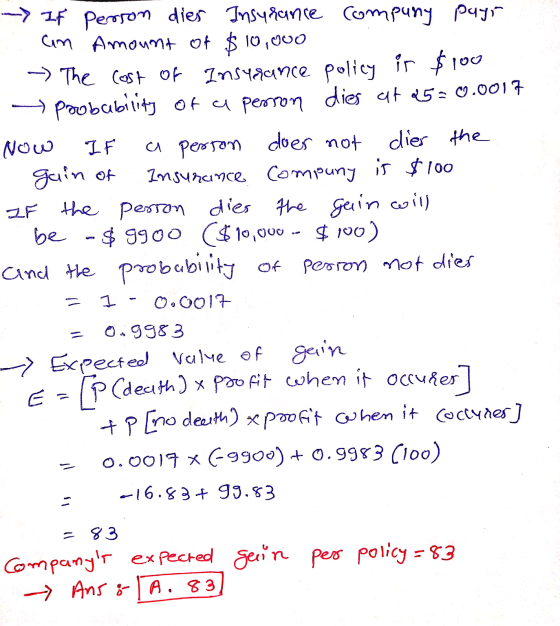 - If person dies Insurance company pays am Amount of $10,000 - The cost of Insurance policy ir $100 probability of a person d