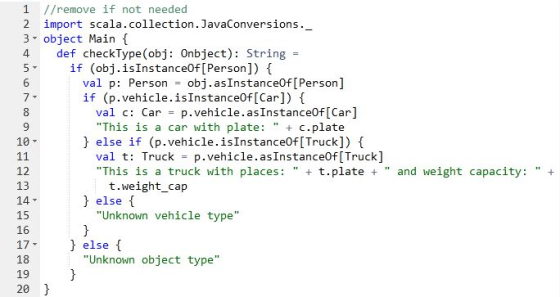 4 de 1 1/remove if not needed 2 import scala.collection. JavaConversions.- 3. object Main { def checkType(obj: Onbject): Stri